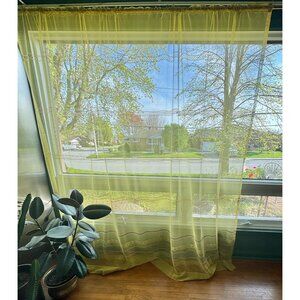 Vintage 70s curtain, muted lime green, open weave embroidered daisies, rod head